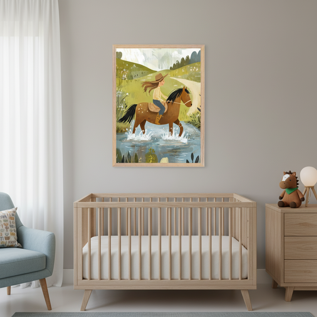 Modern nursery with a light wood crib, dresser, and blue armchair. A large framed illustration of a girl in a cowboy hat riding a brown horse through a stream in a green landscape hangs centered above the crib.