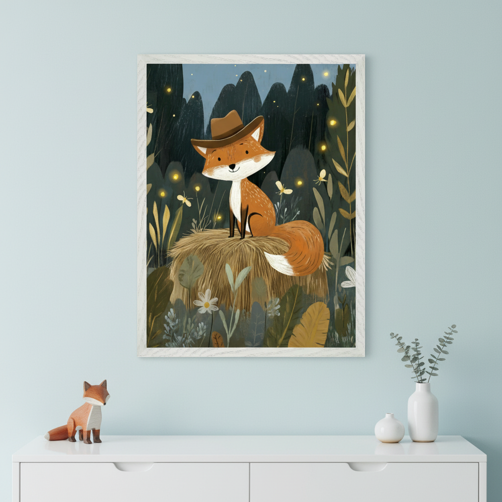 Modern kid's room with a light blue wall. A large framed illustration of a fox with a hat sitting on a hay bale in a nighttime forest hangs above a white dresser. A wooden fox figurine and two vases are on the dresser.