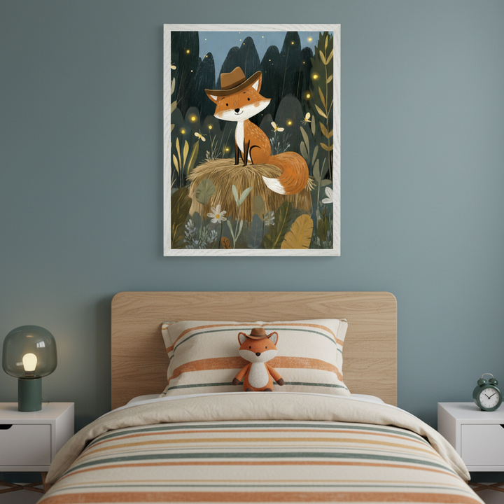 Kid's bedroom with a wooden bed, striped bedding, and white nightstands. A large framed whimsical illustration of a fox with a hat in a forest with glowing lights hangs centered above the bed.