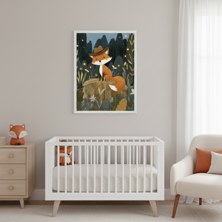 Modern nursery with a white crib, light wood dresser, and cream armchair. A framed whimsical illustration of a fox in a hat sitting on a hay mound in a dark forest with fireflies hangs centered above the crib.
