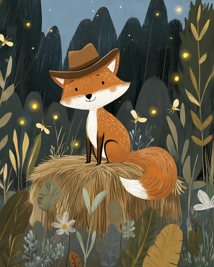 Cute illustration of a smiling fox wearing a cowboy hat, sitting atop a hay bale surrounded by glowing fireflies and wildflowers under a dark forest sky.
