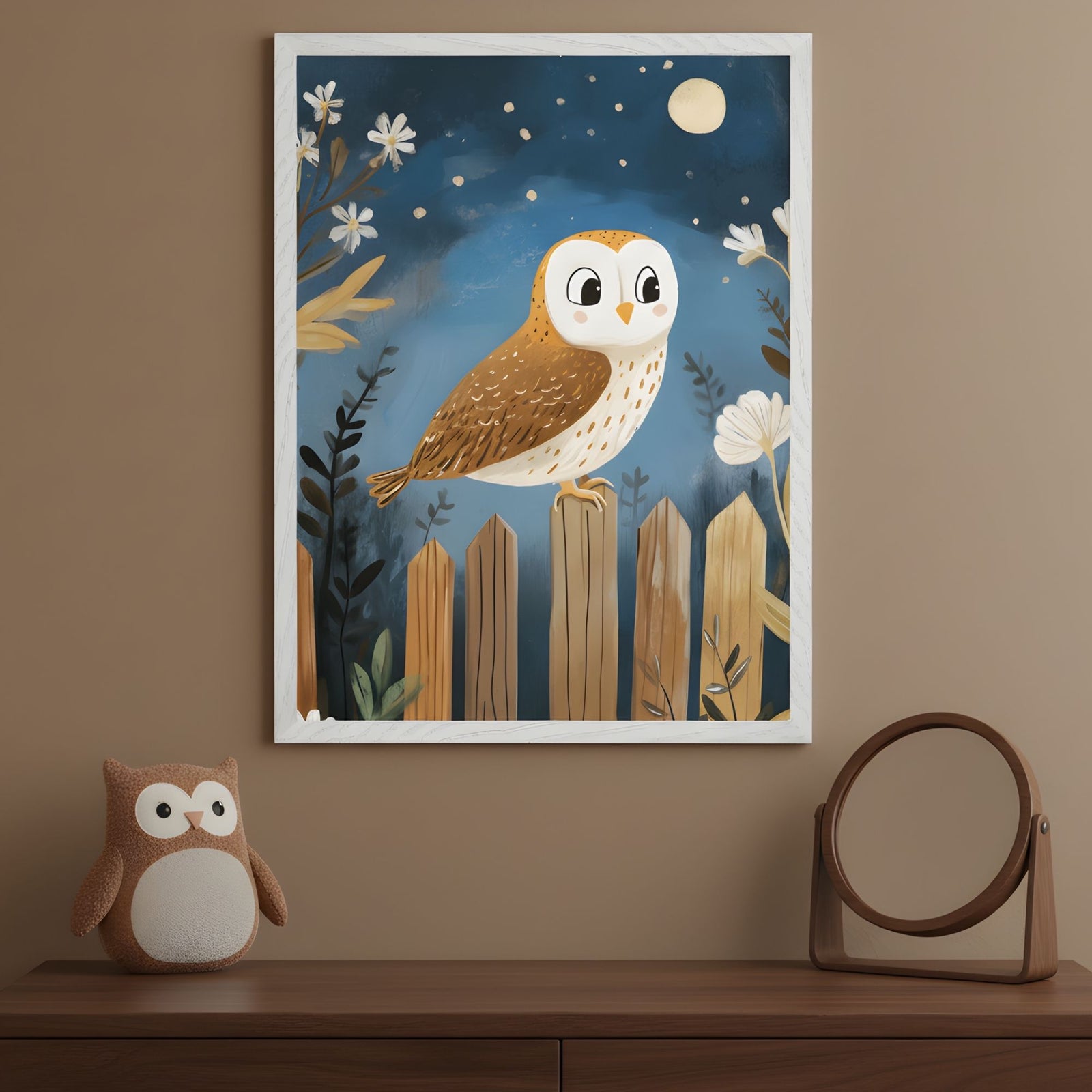 Framed wall art of a wide-eyed owl perched on a wooden fence at night, surrounded by whimsical flowers under a starry sky and full moon. The scene’s soft colors and playful style add a gentle, nighttime charm to the cozy nursery setup below.