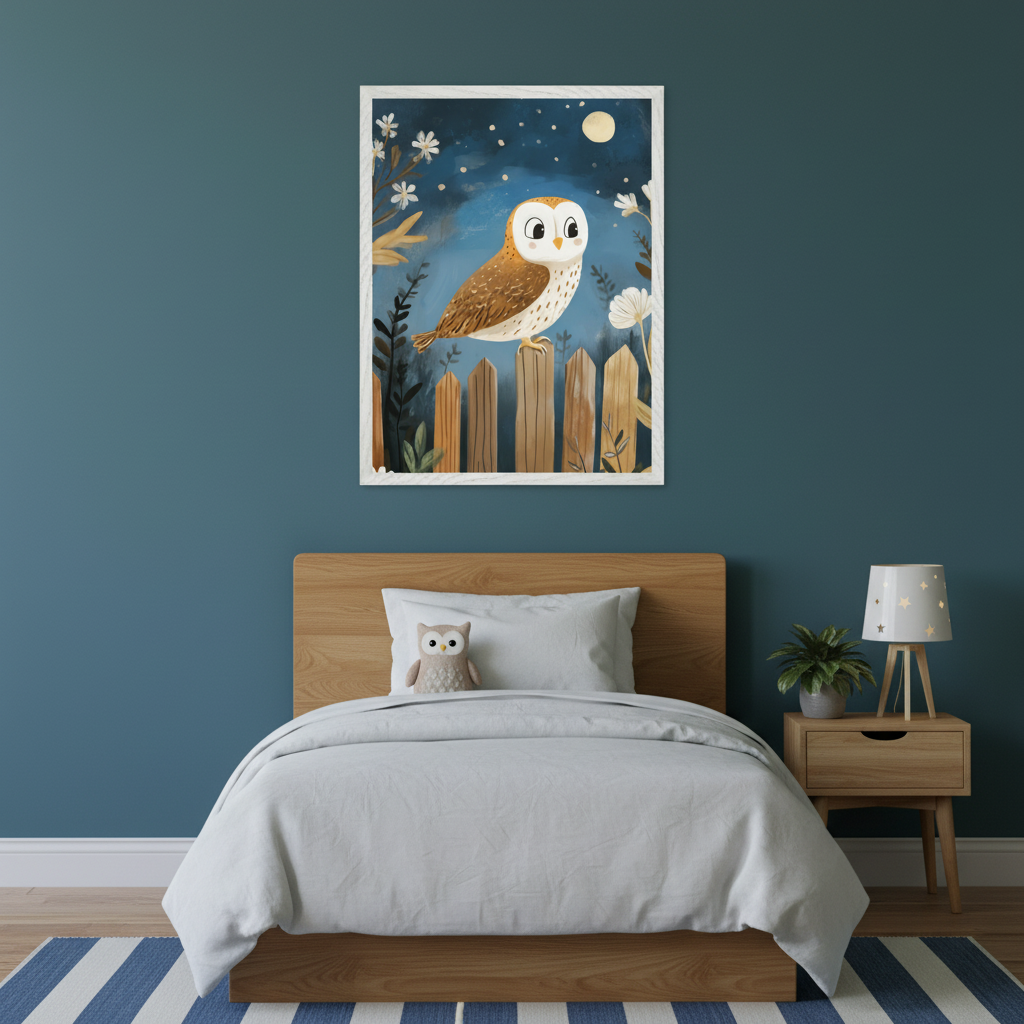 Modern kid's bedroom with a white bed and white nightstand. A framed whimsical illustration of a brown owl perched on a wooden fence under a starry night sky with a moon hangs centered above the bed.