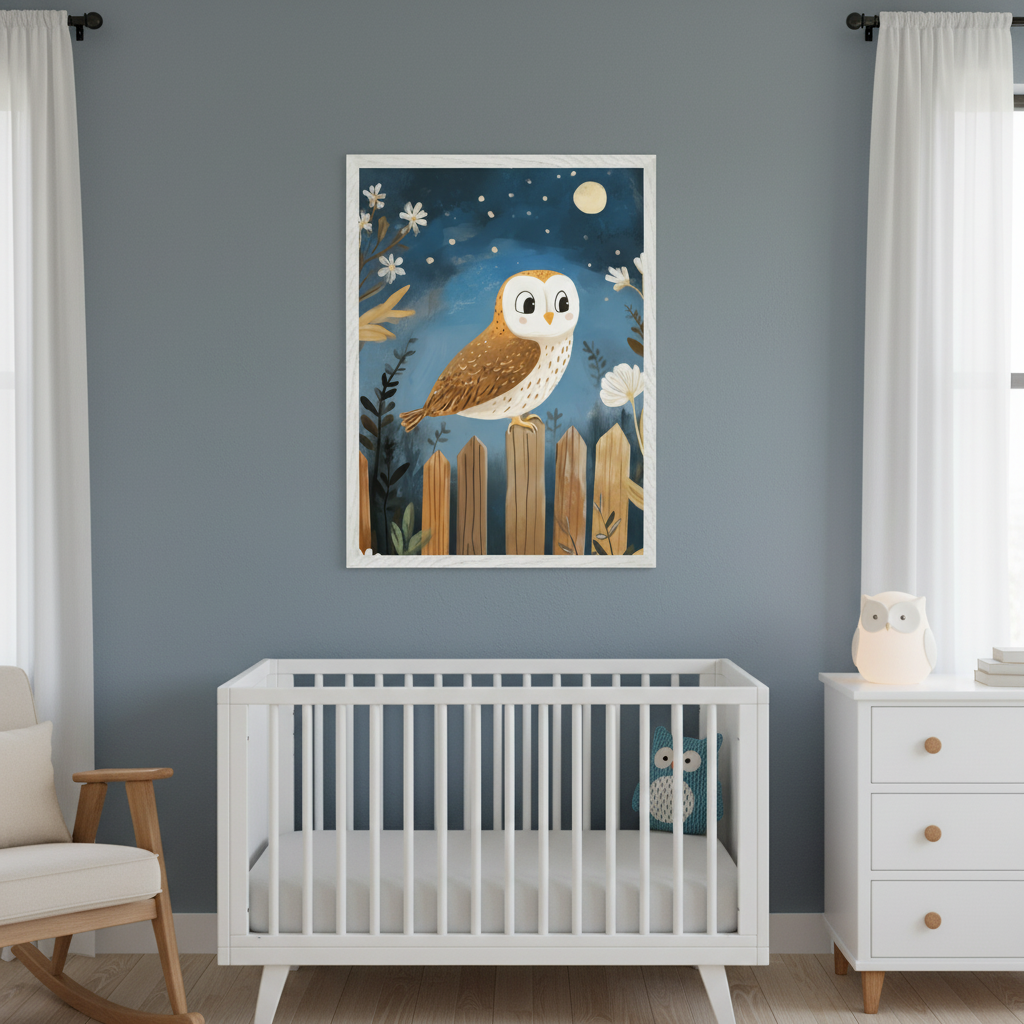 Modern nursery with a white crib against a blue-gray wall. A large framed illustration of a brown and white owl perched on a wooden fence under a starry night sky with a moon hangs centered above the crib. A rocking chair and dresser are also visible.