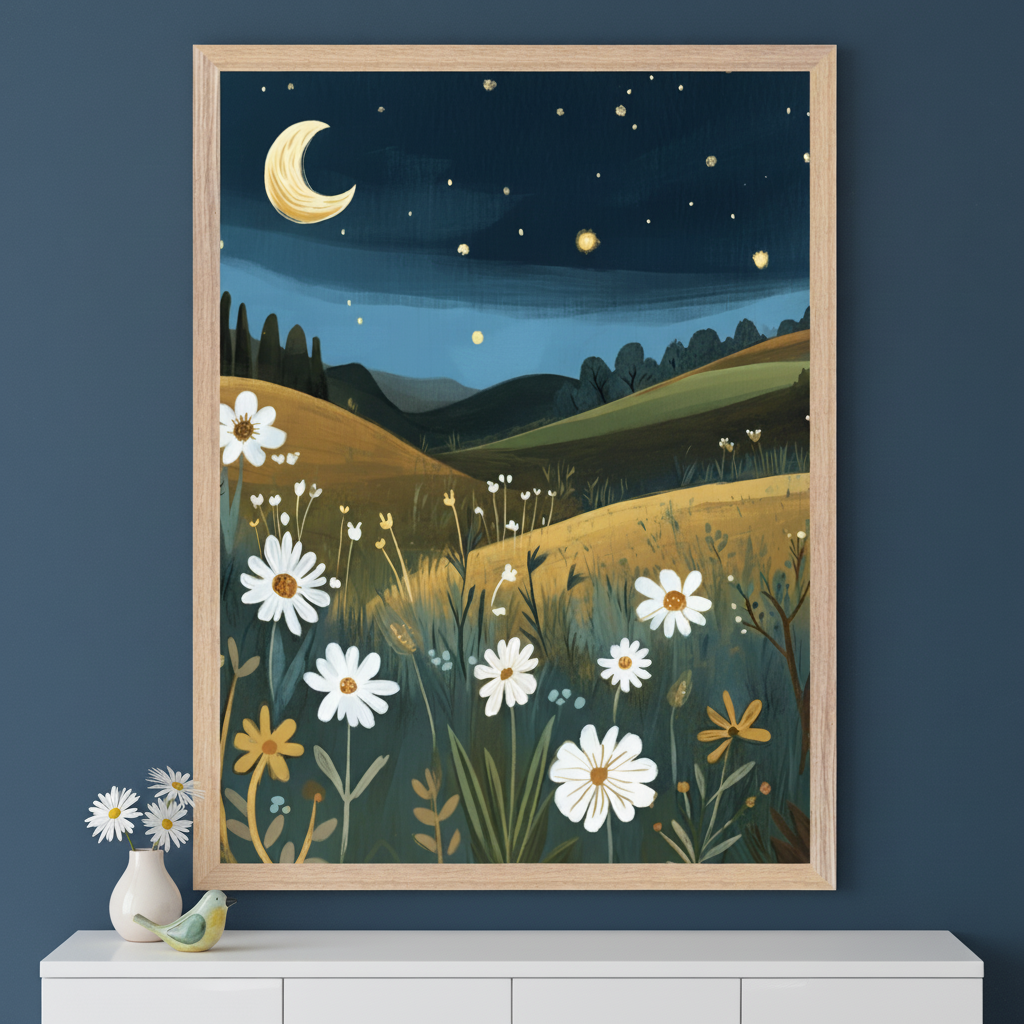 Modern room with a dark teal wall. A large framed illustration of a night landscape with a field of white daisies, rolling hills, a crescent moon, and stars hangs above a white dresser. A small vase of daisies and a bird figurine are on the dresser.