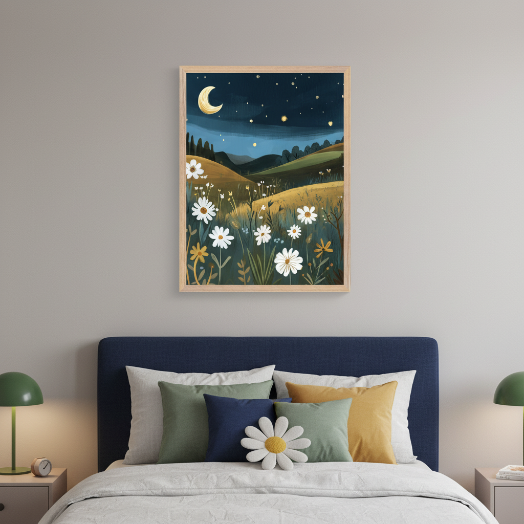 Modern bedroom with a navy upholstered bed, two nightstands, and two green lamps. Centered above the bed is a framed painting of a night landscape with a crescent moon, stars, rolling hills, and a field of white daisies in a painterly style.