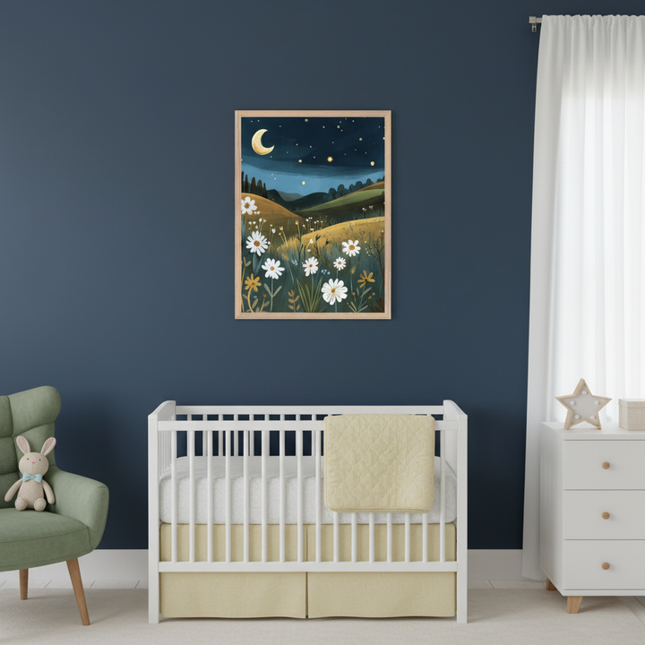 Modern nursery with a dark blue wall. A framed night landscape painting with a crescent moon, stars, and a field of daisies hangs above a white crib. A green armchair and a white dresser are also in the room.
