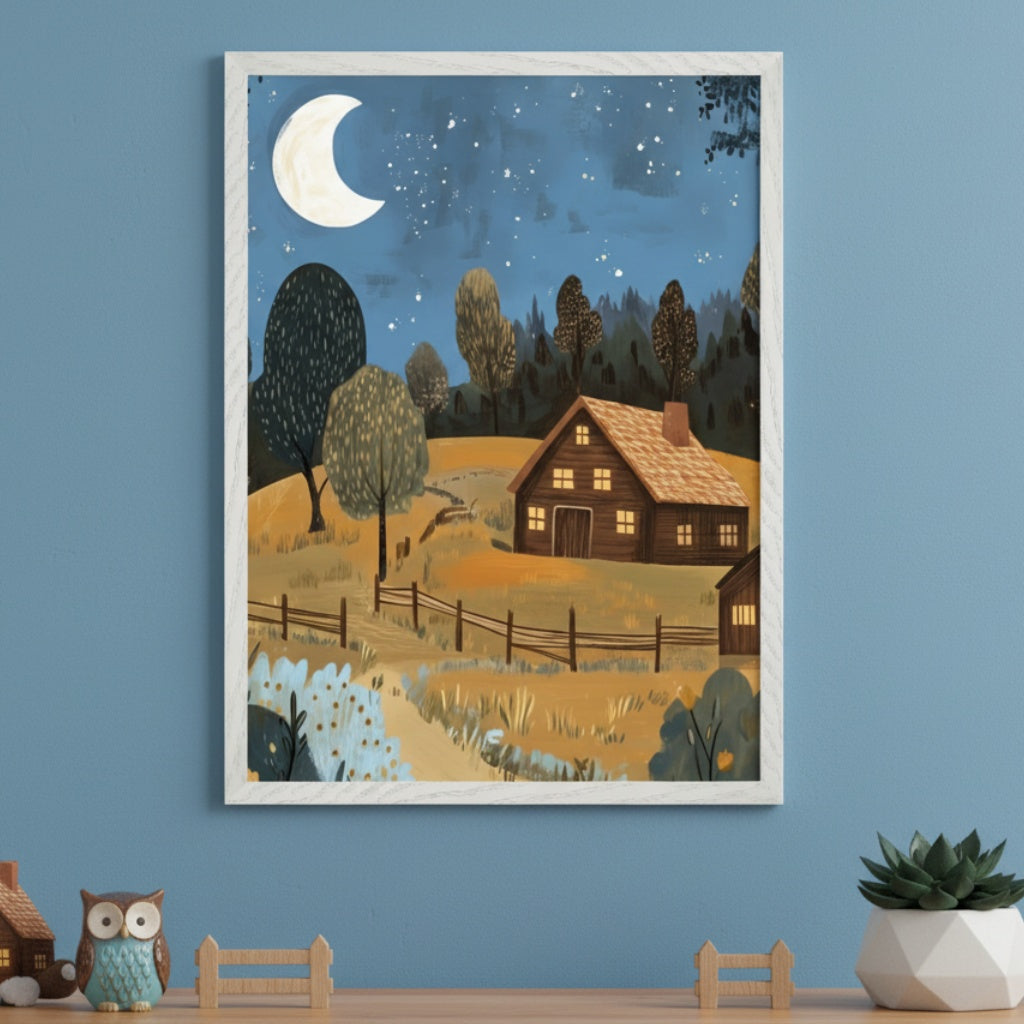 Casual room with a wooden shelf against a blue wall. A framed illustration of a brown cabin on a grassy hill surrounded by trees under a starry night sky with a crescent moon hangs above the shelf.