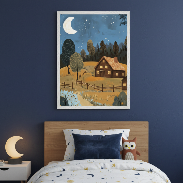 Kid's bedroom with a wooden headboard bed and white nightstand. A large framed illustration of a rustic cabin in a starry night landscape with a crescent moon hangs centered above the bed on a dark blue wall. A moon lamp and owl toy are also visible.