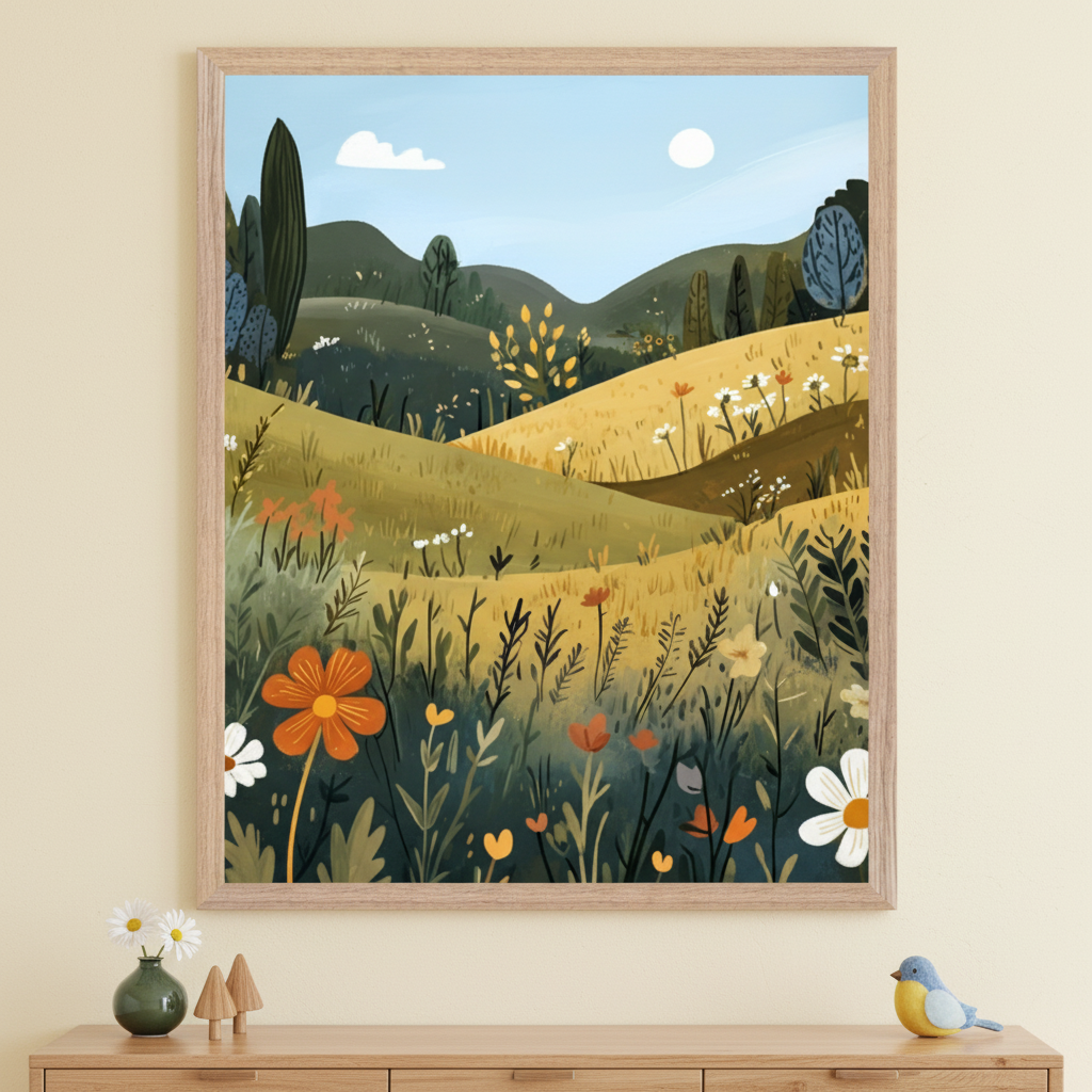 Neutral room with a light wood dresser. A large framed whimsical landscape illustration of hilly fields with colorful wildflowers and trees under a blue sky hangs centered above the dresser. A green vase with daisies, wooden trees, and a blue bird figurine are on the dresser.