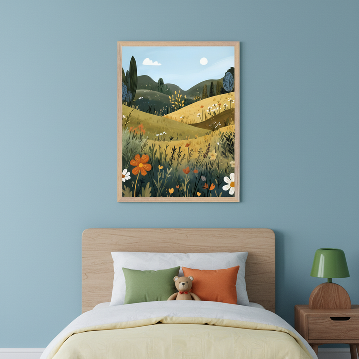 Modern kid's bedroom with a blue wall. A wooden bed with a teddy bear, green and orange pillows, and a yellow duvet is below. Above the bed hangs a framed illustration of a vibrant, stylized landscape with hills, trees, and wildflowers under a blue sky. A nightstand with a green lamp is on the right.