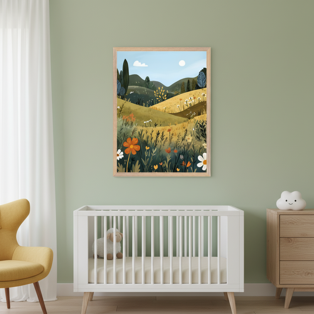 Modern nursery with a white crib, yellow armchair, and wooden dresser. A framed illustration of a vibrant hilly landscape with wildflowers and a blue sky hangs above the crib.