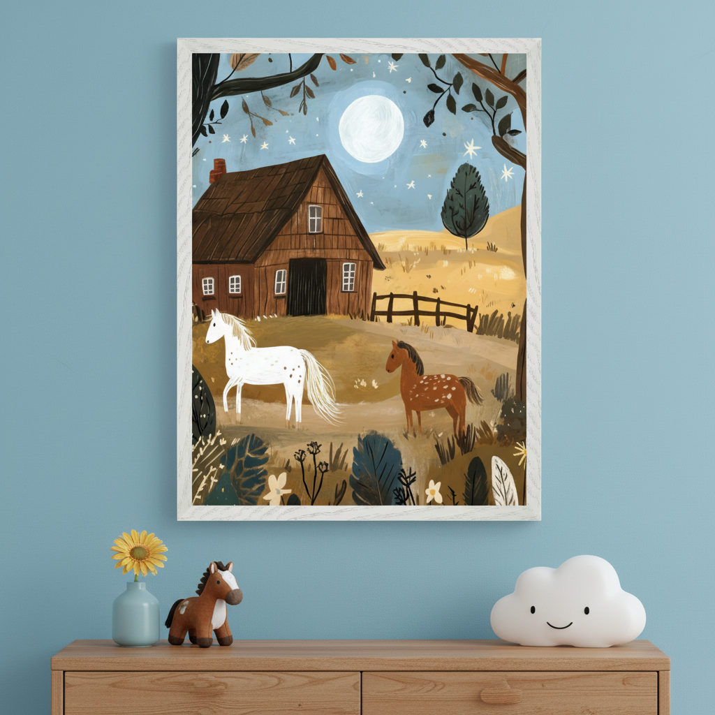 Kid's bedroom with a light blue wall and wooden dresser. A large framed illustration of a barnyard at night, featuring a barn, two horses, a full moon, and stars, hangs centered above the dresser. A yellow flower, a toy horse, and a cloud lamp are on the dresser.
