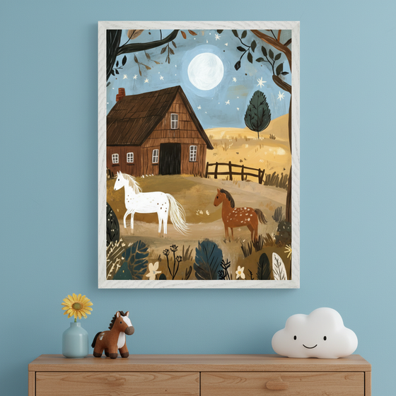 Kid's bedroom with a light blue wall and wooden dresser. A large framed illustration of a barnyard at night, featuring a barn, two horses, a full moon, and stars, hangs centered above the dresser. A yellow flower, a toy horse, and a cloud lamp are on the dresser.