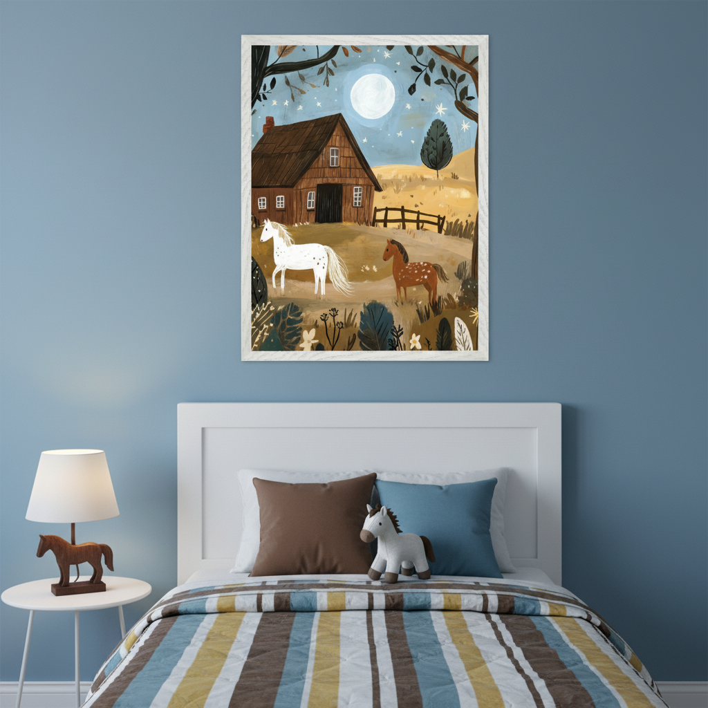 Kid's bedroom with a white headboard bed against a blue wall. A large framed painting of a barn, two horses, a moon, and stars in a field hangs centered above the bed. A white nightstand with a wooden horse lamp is to the left.