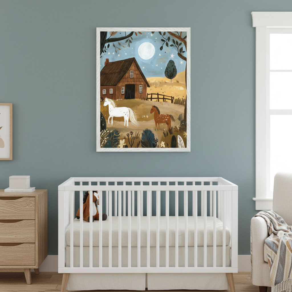 Modern nursery with a white crib, light wood dresser, and armchair. A large framed illustration of a brown barn, two horses, trees, and a full moon under a starry night sky hangs above the crib.