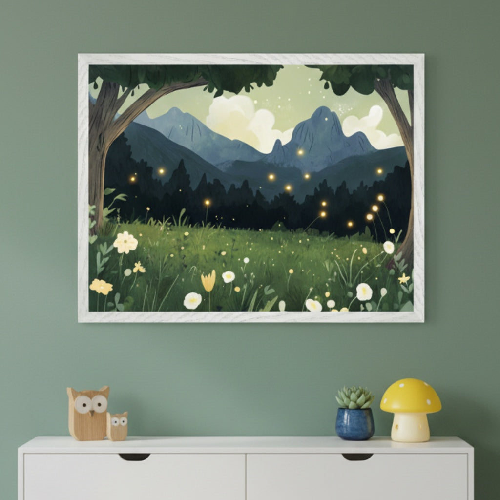 Modern kid's room with a white dresser. A framed whimsical illustration of a dark forest landscape with glowing fireflies, mountains, and a field of white and yellow flowers hangs centered above the dresser. Wooden owls, a succulent, and a mushroom lamp decorate the dresser.