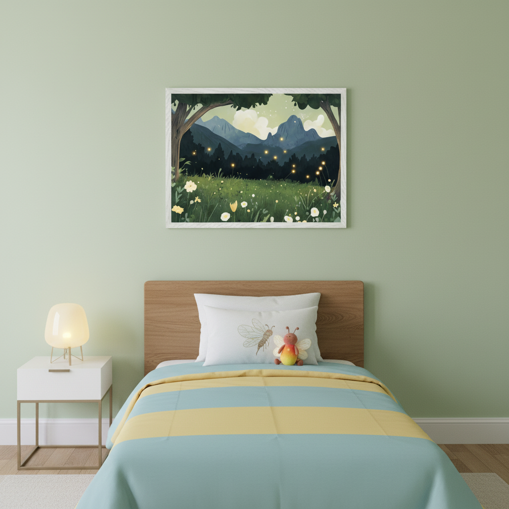Kid's bedroom with a single bed, wood headboard, and striped blue and yellow bedding. A white nightstand with a lamp is to the left. Centered above the bed is a framed art print depicting a whimsical night landscape with mountains, trees, a flowery field, and fireflies.