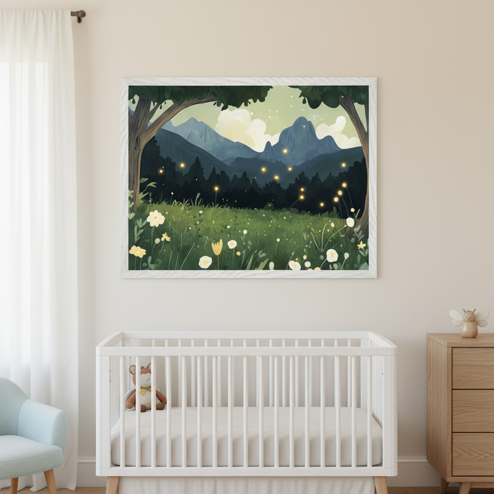 Modern nursery with a white crib. Above it hangs a large framed illustration depicting a night landscape with dark blue mountains, a forest, and a green field with glowing fireflies and white and yellow flowers. A light blue armchair is to the left, a wooden dresser to the right.