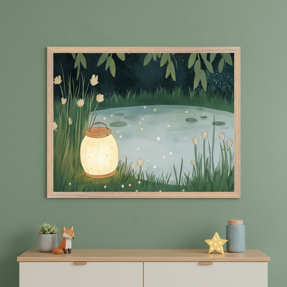 Kids' room with a light wood dresser against a green wall. A framed illustrative painting of a glowing lantern by a sparkling pond with white flowers hangs above the dresser. A succulent, fox figurine, yellow star, and blue jar decorate the dresser.