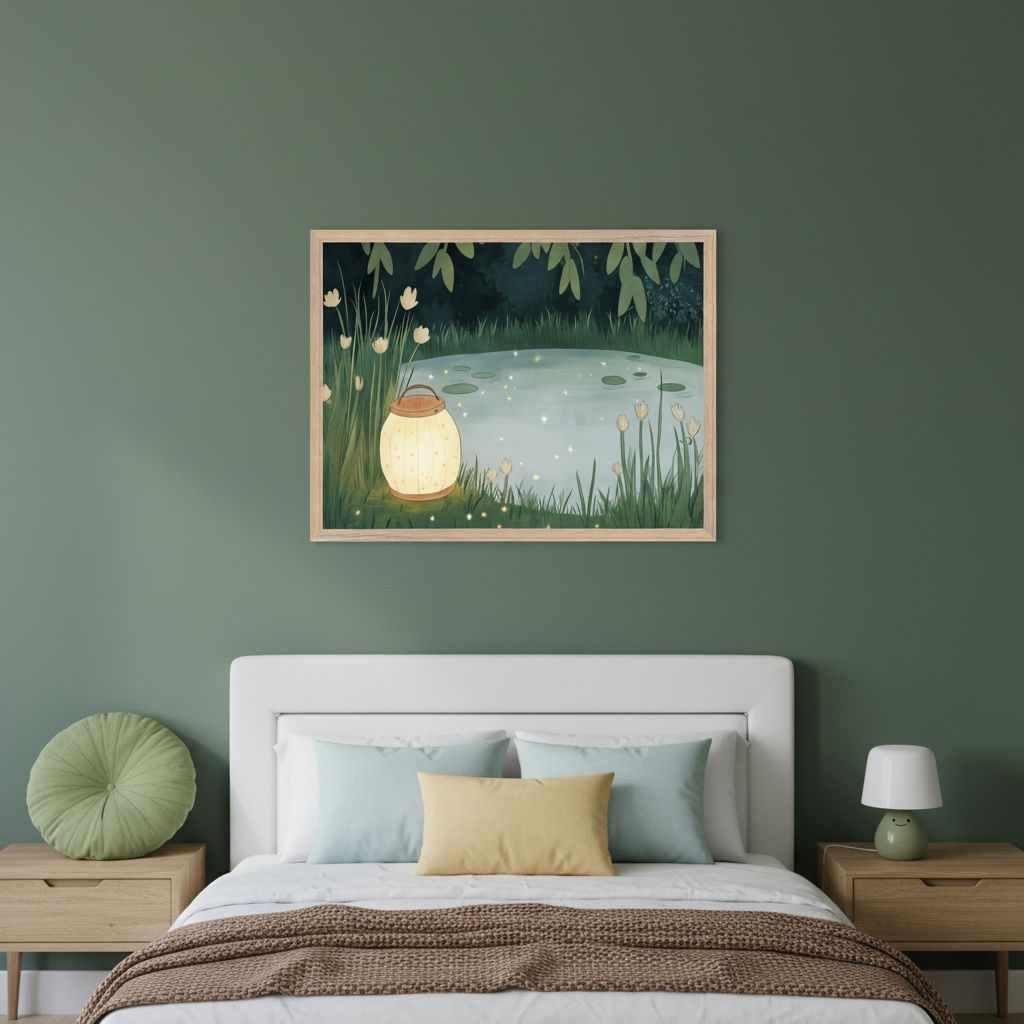 Modern bedroom with a white bed and two wooden nightstands. A framed drawing of a glowing lantern by a sparkling pond, surrounded by grass, white flowers, and dark foliage, hangs centered above the bed.