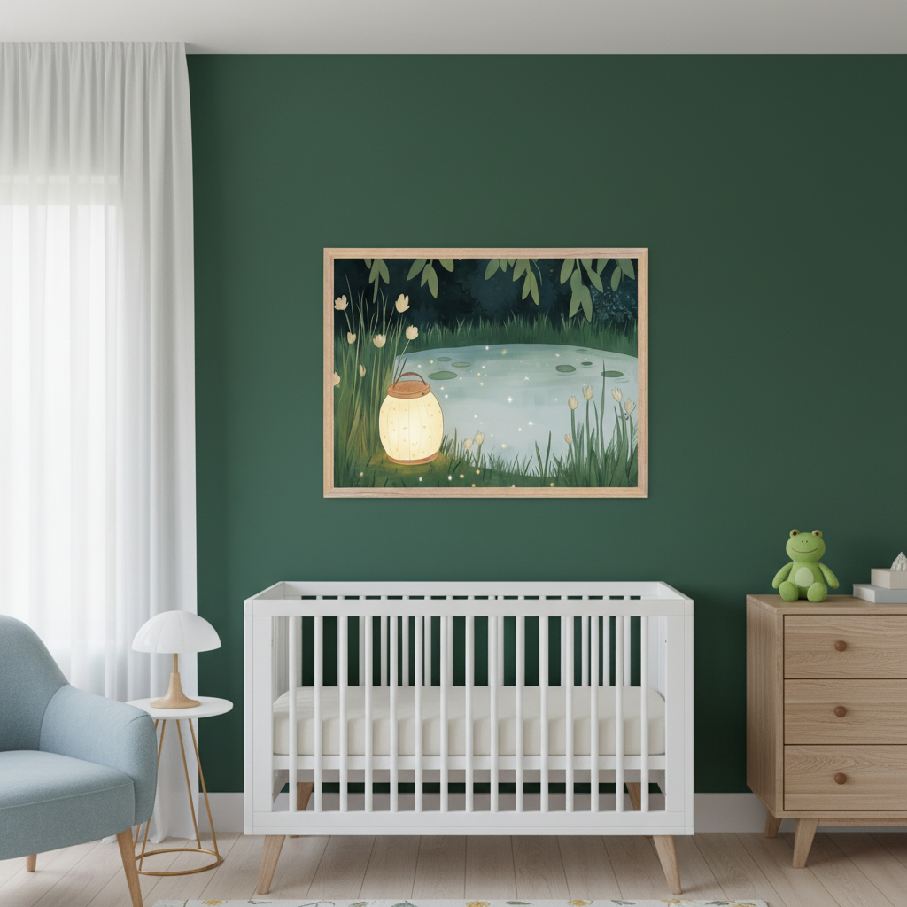 Modern nursery with a white crib, light blue armchair, and light wood dresser. A framed illustration of a magical pond scene with a glowing lantern and fireflies hangs on the dark green wall above the crib.