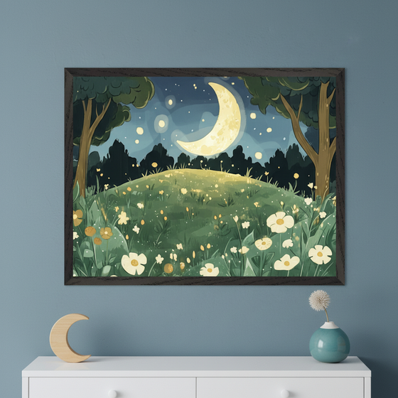 Modern room with a white dresser below a large framed whimsical illustration. The artwork depicts a night landscape with a crescent moon, stars, trees, and a field of glowing flowers on a hill. A wooden moon and a small vase with a dried flower sit on the dresser.