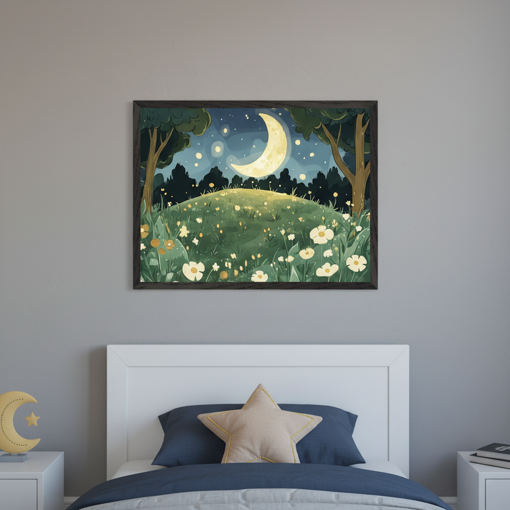 Kid's bedroom with a white bed, blue bedding, and a star pillow. A framed painting of a moonlit grassy hill with trees, flowers, and glowing elements hangs centered above the bed. A moon and star decor sits on a nightstand to the left.