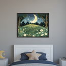 Kid's bedroom with a white bed, blue bedding, and a star pillow. A framed painting of a moonlit grassy hill with trees, flowers, and glowing elements hangs centered above the bed. A moon and star decor sits on a nightstand to the left.