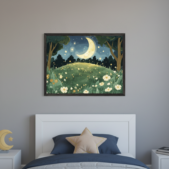 Kid's bedroom with a white bed, blue bedding, and a star pillow. A framed painting of a moonlit grassy hill with trees, flowers, and glowing elements hangs centered above the bed. A moon and star decor sits on a nightstand to the left.