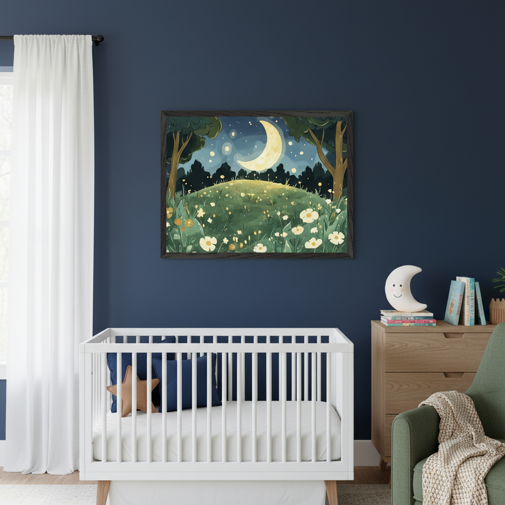 Modern nursery with a dark blue wall. A framed illustration of a night scene with a crescent moon over a field of glowing flowers and trees hangs centered above a white crib. A wood dresser and green armchair are to the right.