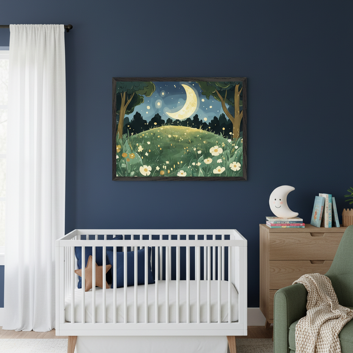 Modern nursery with a dark blue wall. A framed illustration of a night scene with a crescent moon over a field of glowing flowers and trees hangs centered above a white crib. A wood dresser and green armchair are to the right.