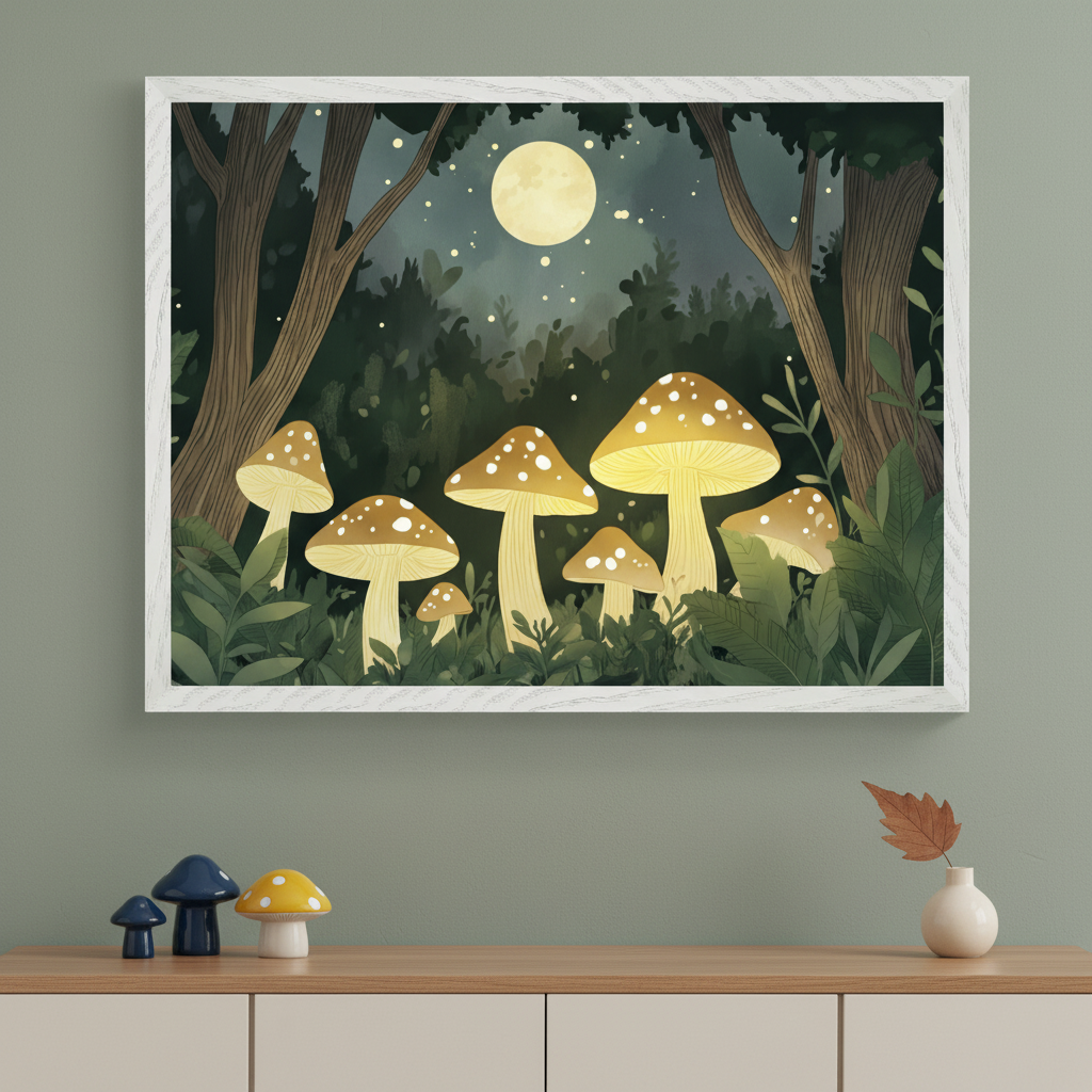 Modern room with a sage green wall and a light wood and cream dresser. A large white-framed print of a whimsical nighttime forest with a full moon, fireflies, and glowing spotted mushrooms hangs centered above the dresser. Decorative mushroom figures and a leaf in a vase sit on the dresser.