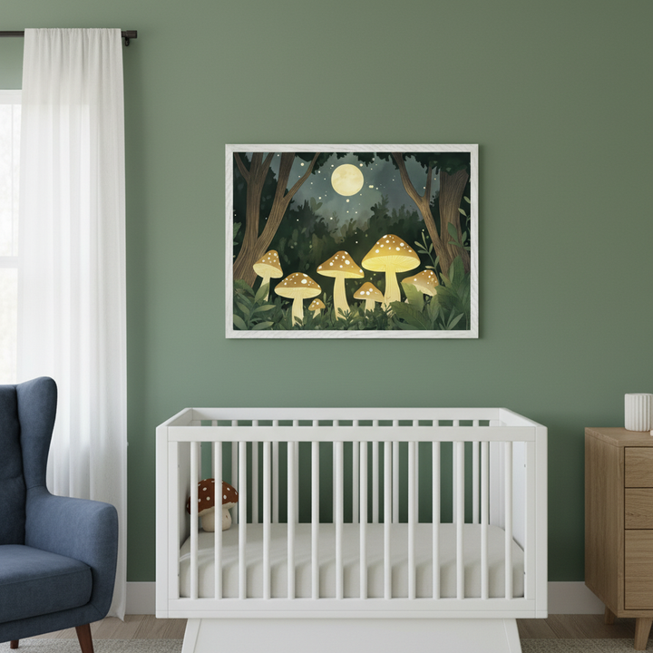Modern nursery with a white crib, blue armchair, and wooden dresser against a green wall. An illustrative framed art print of glowing mushrooms in a moonlit forest hangs above the crib.