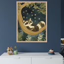 Modern kid's room with a white dresser below a framed print of a cartoon raccoon sleeping in a tree under a starry night. A wooden raccoon, small plant, and stacking stones are on the dresser.