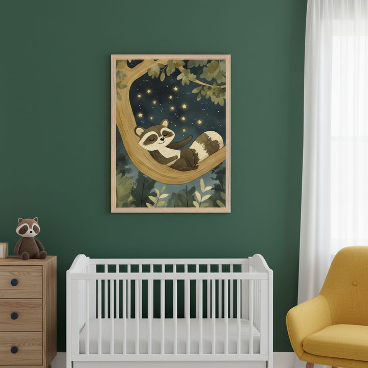 Modern nursery with a green wall. A framed print of a cartoon raccoon sleeping in a tree hammock under stars hangs above a white crib. A wooden dresser is to the left, and a yellow armchair is to the right.