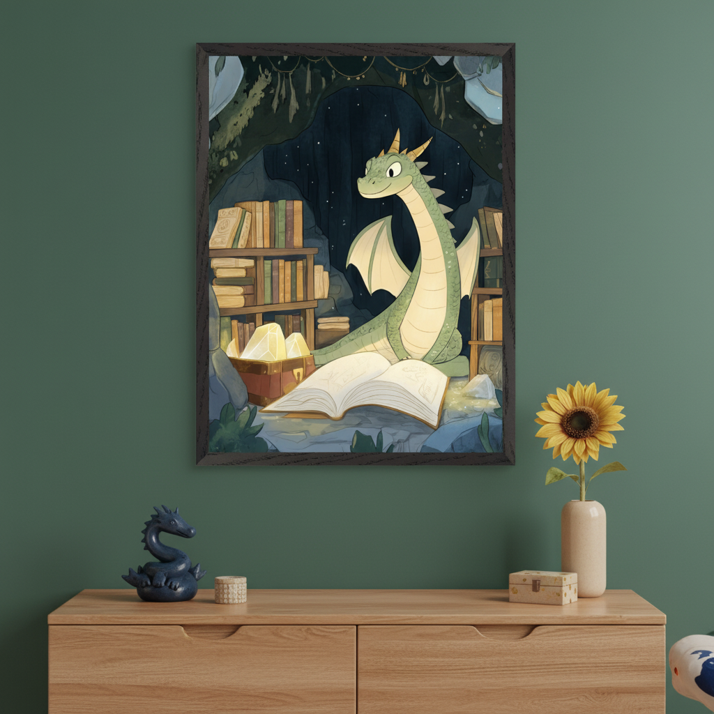 Modern room with a light wood dresser against a green wall. A framed cartoon-style print of a friendly green dragon reading a book in a cave filled with bookshelves and glowing crystals hangs above the dresser.