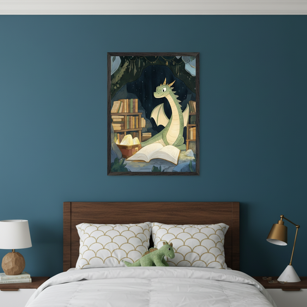Modern kid's bedroom with a wooden bed and white bedding. A framed illustration of a green dragon reading a book in a cave library hangs above the bed, slightly right of center on a dark teal wall.