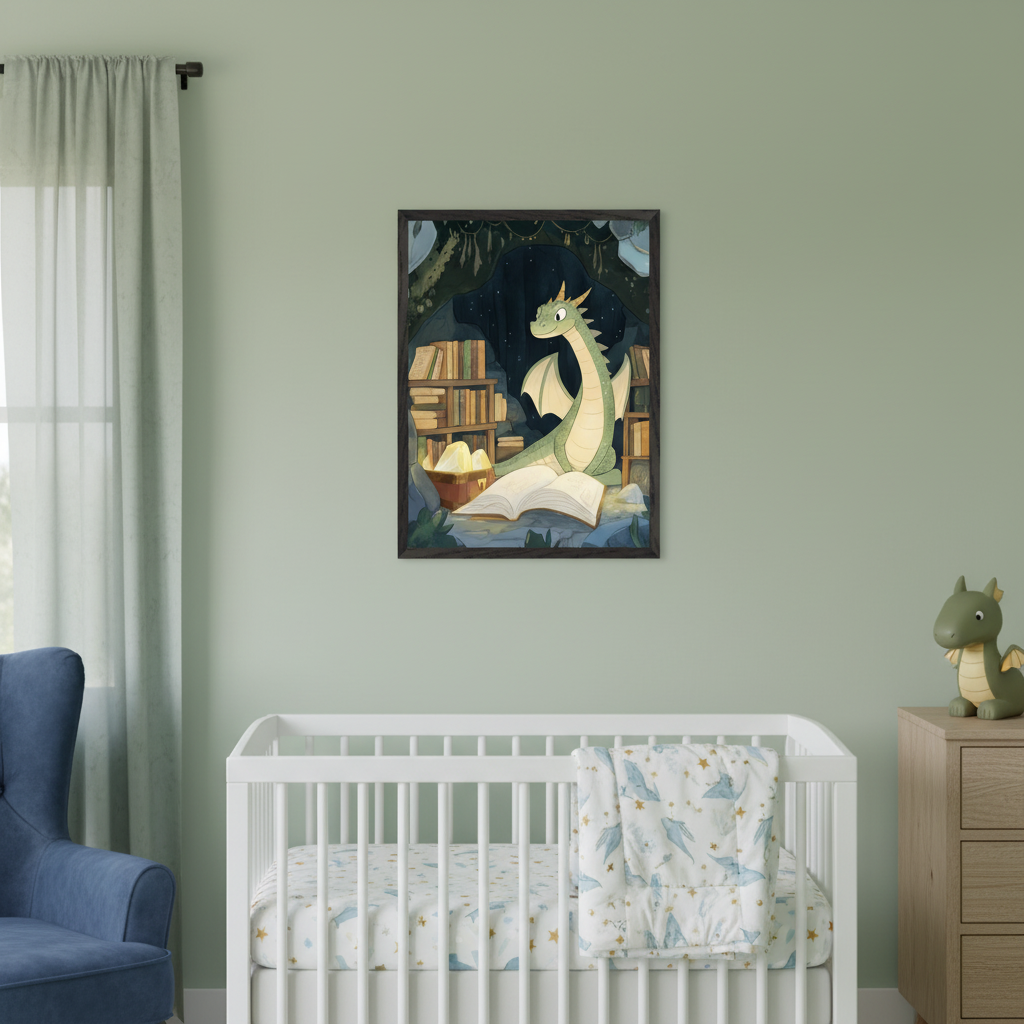 Nursery with light green walls, a white crib with dragon-patterned bedding, blue armchair, and wooden dresser. A framed illustration of a green dragon reading a book in a cave library with glowing eggs hangs above the crib.