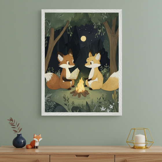 Home interior with a muted green wall and a light wood dresser. A large white-framed illustration of two cartoon foxes camping at night with a campfire and moon hangs above the dresser. One fox reads a book, the other listens.
