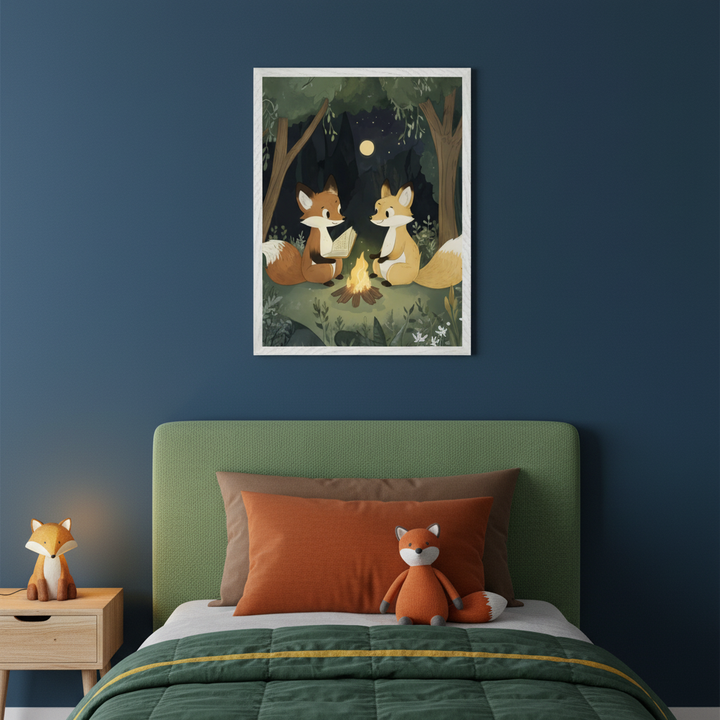 Kid's bedroom with a green bed and wooden nightstand. A framed cartoon print of two foxes reading by a campfire under a full moon in a forest hangs centered above the bed.