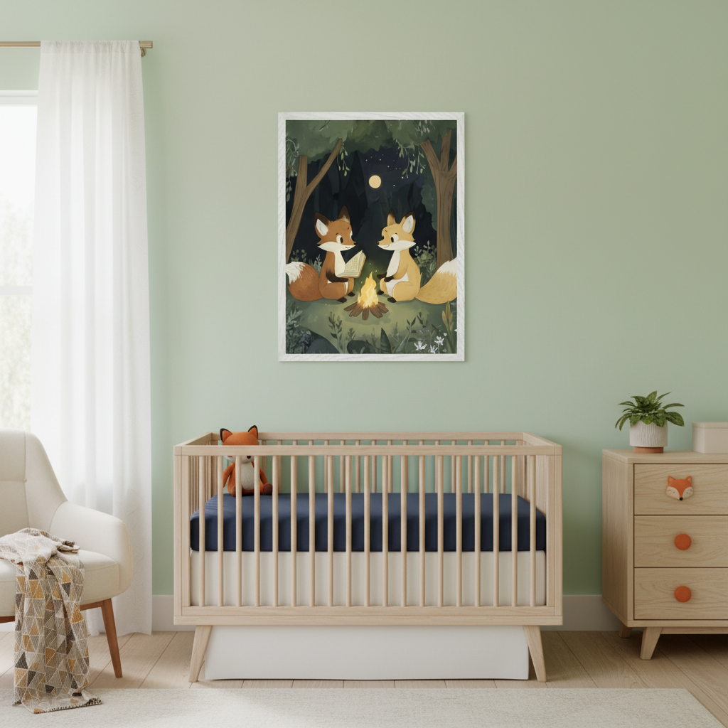 Modern nursery with a light green wall. A framed illustrated print of two foxes by a campfire, one reading a book, hangs above a wooden crib with a navy sheet. A wooden dresser with fox knobs and a cream armchair are also visible.