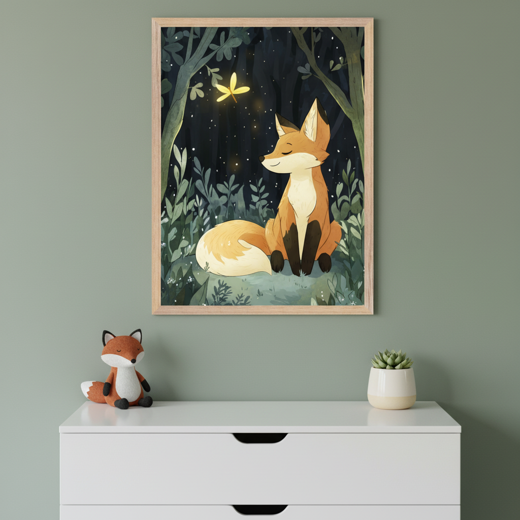 Modern kid's room with a white dresser against a green wall. A framed art print of a stylized fox in a dark, leafy forest with a glowing firefly hangs above the dresser. A fox plush and a succulent are on the dresser.