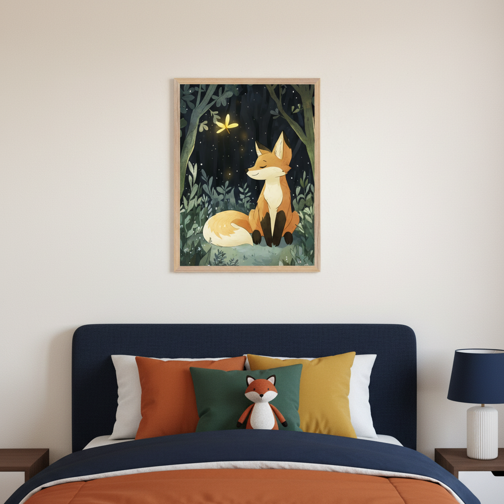 Kid's bedroom with a navy blue upholstered bed, orange comforter, and colorful pillows, including a fox plushie. A light wood-framed artwork of a whimsical cartoon fox looking at a glowing firefly in a dark forest hangs centered above the bed on a white wall.