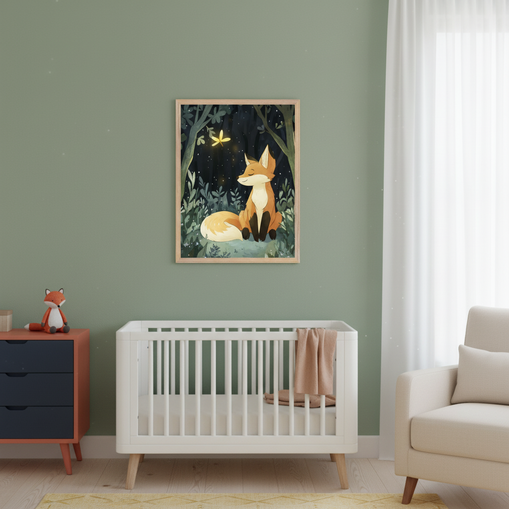Modern nursery with a sage green wall. A framed illustration of a fox looking at a glowing firefly in a dark forest hangs above a white crib. An orange and blue dresser with a fox plushie is left, a cream armchair right.