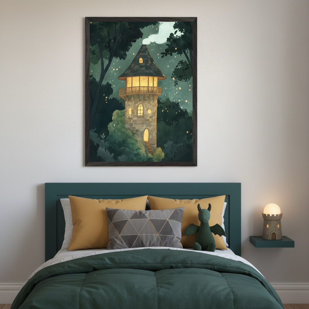 Kid's bedroom with a teal headboard, green bedding, and yellow/gray pillows. A large framed illustration of a glowing stone tower in a dark, starry forest hangs above the bed. A green dragon plush sits on the bed, and a tower-shaped nightlight is on a floating shelf beside it.