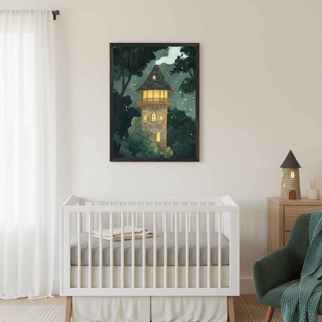 Modern nursery with a white crib. A framed print of an illuminated stone tower in a magical, dark forest at night hangs centered above the crib. A wooden dresser and a green armchair are also visible.