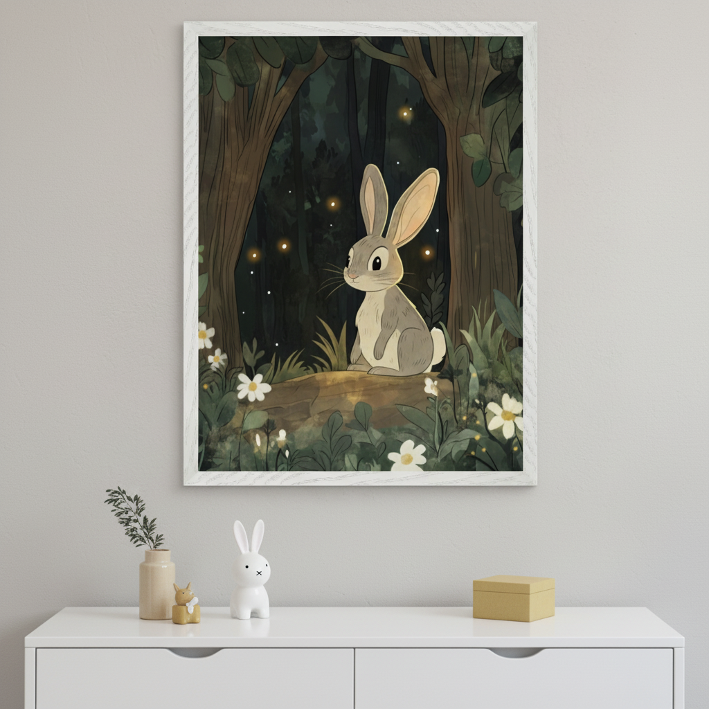 Modern children's room with a white dresser. A framed illustration of a grey bunny sitting on a log in a dark forest with fireflies and white flowers hangs centered above the dresser.