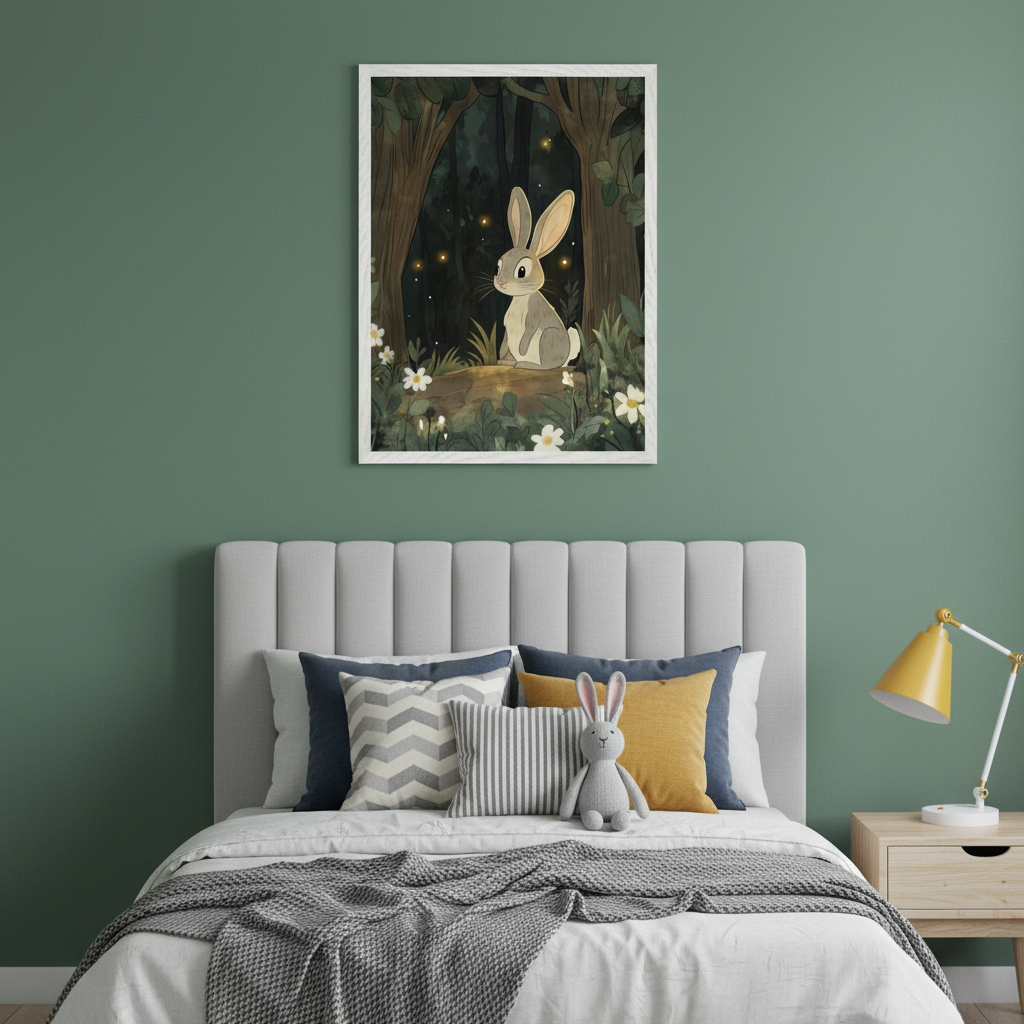 Kid's bedroom with a bed featuring a light grey upholstered headboard. A framed illustration of a grey rabbit sitting on a log in a dark forest with fireflies and white flowers hangs centered above the bed. A wooden nightstand with a yellow lamp is on the right.