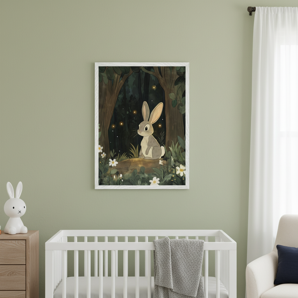 Modern nursery with a sage green wall. A white framed illustration of a rabbit in a dark forest with fireflies and white flowers hangs above a white crib. A wooden dresser with a rabbit lamp is on the left, and a white armchair is on the right.